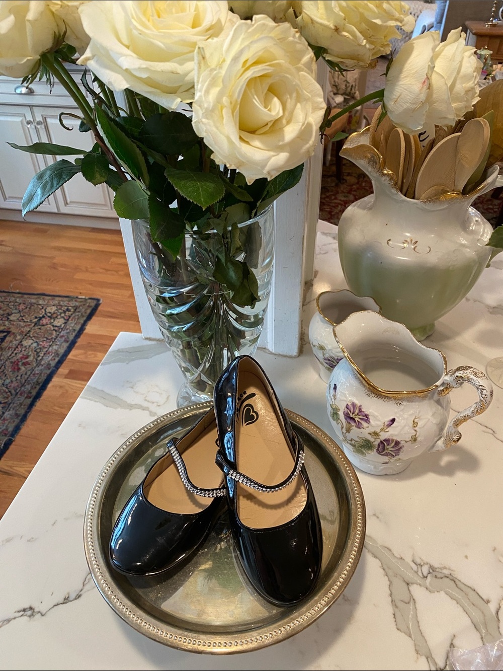 Girls' Black Patent Mary Jane Flats with Rhinestone Strap